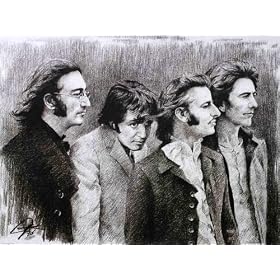 The Beatles - John Lennon, Paul McCartney, Ringo Starr and George Harrison Sketch Portrait, Charcoal Graphite Pencil Drawing - Double Matt Reproduction (11
