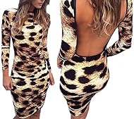 Sexy Long Sleeves Backless Leopard Print Cotton  Dress