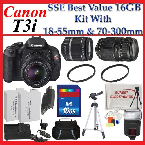 Canon EOS Rebel T3i Digital SLR Camera with Canon EF-S 18-55mm f/3.5-5.6 Lens and Tamron Zoom Telephoto AF 70-300mm f/4-5.6 Di LD Macro Autofocus Lens + SSE Best Value 16GB Accessory Package