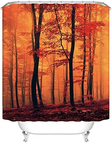 Mystic Forest Red Trees and Leaves Defoliation Modern Art Rainy Foggy Scene Bathroom Shower Curtain Polyester Fabric Mildew Proof Waterproof Cloth Shower Room Decor(66Wx72L)