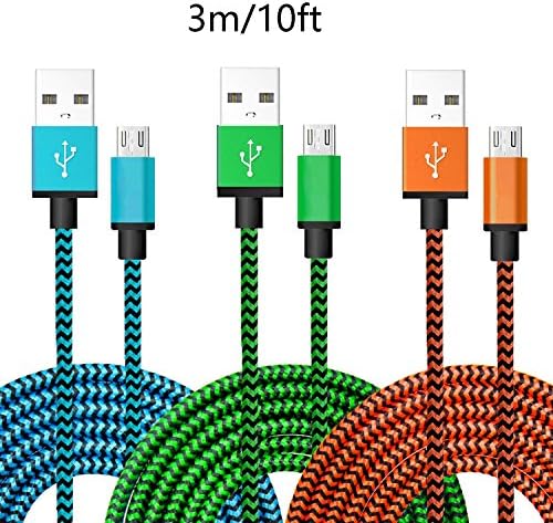 Micro USB Cables 10Ft 3m High Speed USB 2.0 A Male to Micro B Sync and Charge Cables (blue green orange)