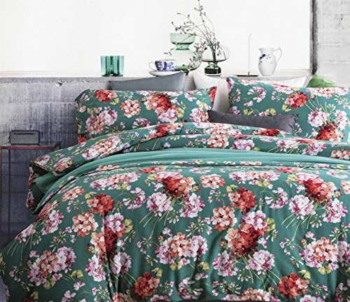 Bedream 3D Flora Flower Reactive Printing Pattern Comfortable Microfiber 100% Cotton - 4 Pieces Duvet Cover Bedding Set Fitted Sheet Set, Queen Size, Green Hydrangea