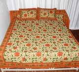 Golden Hand Block Print King Size Cotton bed sheet Bedspread with Pillow Co ....