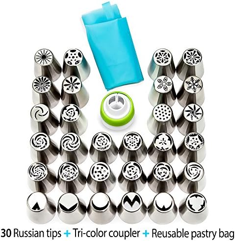 Russian Piping Tips Set - Cake Decorating Kit - Professional Tri Color Coupler And Reusable Silicone Pastry Bag - Stainless Steel Icing Tip for Cakes, Cupcakes, Cookies and Pastry Decoration