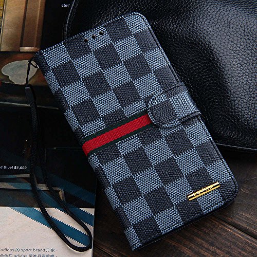 RAYTOP Luxury Brand Designer Black Checks Leather Cases Covers Wallet Kickstand for Samsung Galaxy Note 3 N9000 Note 3 Plaid Card Holder Magnetic Clasp Classy Decent Men Women