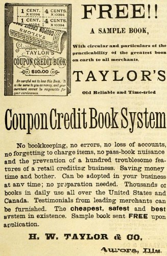 1889 Ad H W Taylor Aurora Illinois Coupon Credit 