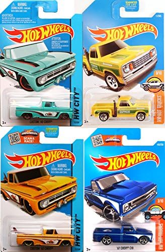 Chevy 2016 Hot Wheels Pickup Truck Set '78 Dodge LI'L Red Express - '67 Chevy C10 + '62 Chevy Surf board Blue &amp; Yellow in PROTECTIVE CASES