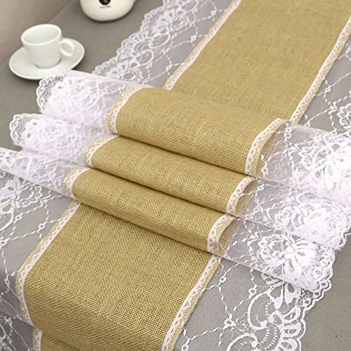 14x108 Inchs Burlap Lace Table Runner,Rustic Hessian Jute for Wedding Festival Event Table Decoration White Lace Both Side