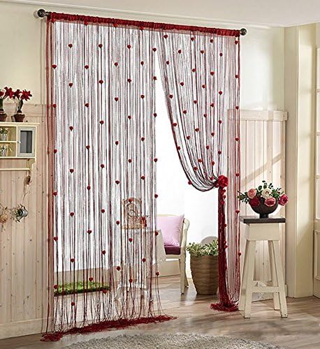 Wyqaman Romantic Solid Color Rose Fringe Door Curtain Drape String Window Curtain Divider Room Fly Screen Blind Tassel Design for Living Room (Red, 100x200cm)