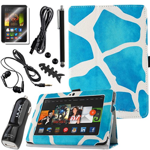 Pandamimi ULAK(TM) 360 Rotating Leather Cover Case for Amazon Kindle Fire HDX 7 Tablet Auto Wake/Sleep Smart Cover Feature With Screen Protector and 7 in 1 Accossory Kit (Light Blue Giraffe Skin)