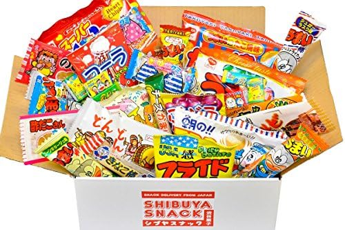 SHIBUYA SNACK Assorted Japanese Junk food Dagashi with Gift Box 30 Packs of 28 Types (Umaibo,gum,wasabi,gummy,potato chips,candy,pokemon,doraemon etc..)