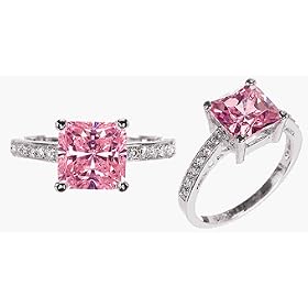 Rhodium Plated Sterling Silver Pink CZ Ring With Pave CZ Prongs