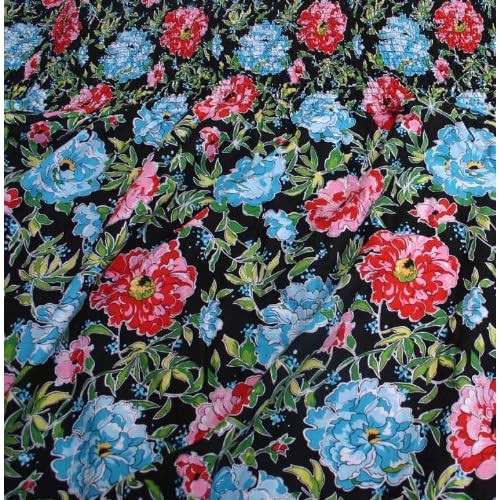 Pre Smocked Shirred Sundress Fabric Garden Party Black (Blue and Red