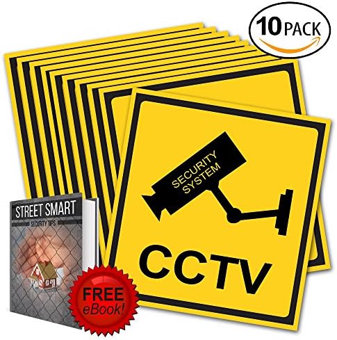 Rizmo 10 Pack Security Video Surveillance Sign for home/business security- Video Surveillance, Self Adhesive 4 X 4 Vinyl Decal - Indoor &amp; Outdoor Use - UV Protected &amp; Waterproof. Free Ebook included.