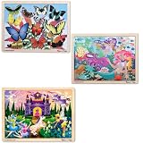 Melissa & Doug Fairy Fantasy, Butterfly Garden, and Mermaid Fantasea 48 Piece Wooden Jigsaw Puzzle Bundle (Set of 3)