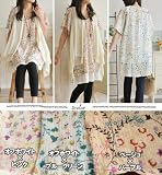 花柄シワ加工三つ編みラウンドネックインド綿ラグラン半袖チュニック□