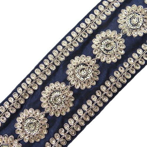 Navy Blue Trim Sequin Floral Lace Craft Apparel Sari Border Tape By The Yard