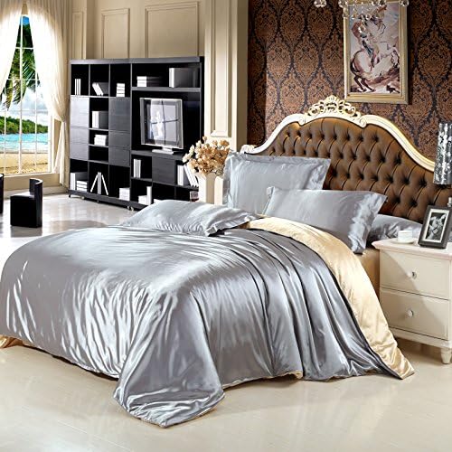 Miaoyun Luxury Soft Silky Satin Bedding Set 4PC Duvet Cover Set Full/Queen Size Silver Grey/Beige