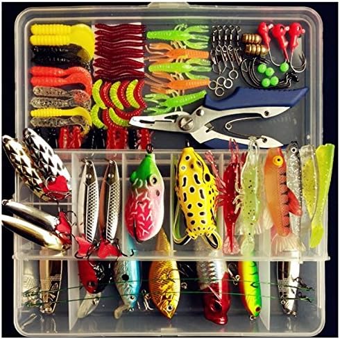 Fishing Lure Lots Hard Lures Minnow Popper Pencil Rattlin Crank Metal Spoon Lures Soft Plastic Lures Soft Shrimps Frogs with Hooks and with 1pc plier 94Pcs Set