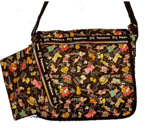 Designer Handbag - Puppy Love Design Messenger Bag (Dog Print Purse) Matching Zipper Accessory Holder - Black