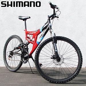 Mountain Bike Black Red Shimano Dual Suspension 18 Speed 26 Inch