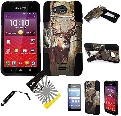 For Kyocera Hydro Wave C6740 / Hydro Air / ITUFFY 3items: Screen Film+Stylus Pen+Dual Layer Impact Resistance Plastic Cover Soft Rubber KickStand Hybrid Case (Tree Deer Camouflage - Black)