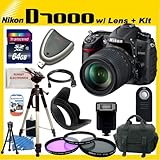 IMAGE OF Nikon D7000 SLR Digital Camera Kit with Nikon 18-55mm f/3.5-5.6G VR AF-S DX Nikkor Lens + SSE Pro Pack: Includes - 64GB SDHC Class 10 Memory Card, Card Reader, 3 Piece Filter Kit, Carrying Case, Tripod, Wireless Remote, Flash, Tulip Lens Hood, Travel Charger and more...