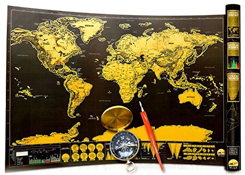 Scratch-Off World Map - Black with Golden Coating - Large 32.5 x 23.4 Inches World Interactive Travel Poster - Bright Colors Deluxe Edition - Comes with Compass & Scratching Tool by Info-Glob