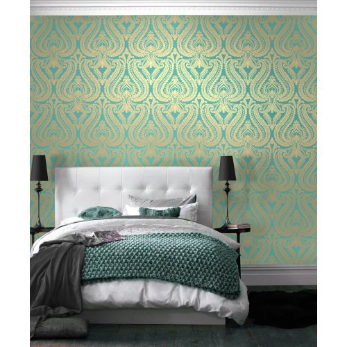 Teal And Gold Metallic Damask Wallpaper Palais Blue & Gold Metallic