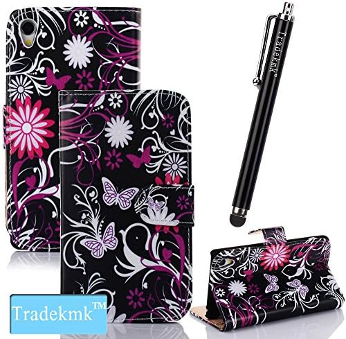 Xperia Z2 Case, Tradekmk(TM)Luxury Unique Black Background Gorgeous Flower Butterfly Premium PU Leather Flip Wallet Magnet Design Stand Case Cover Fit For Sony Xperia Z2,with Credit Cards Slots and Stylus Pen