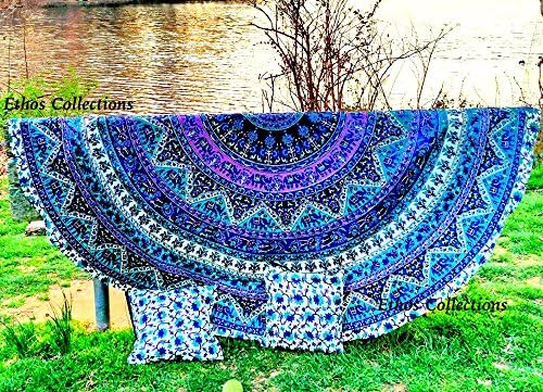 Ethos Collections Indian Mandala Roundie Picnic Throw Tapestry Hippy Boho Gypsy Cotton Tablecloth Beach Towel , Round Yoga Mat, Cushion Cover,Tote Bag, Pillow Sham,Travel bag, Cover, Fabric Cover