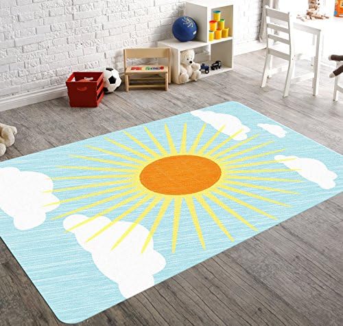 HawkerPeddler Nursery Sun Cute Decor Kids Bedroom Playroom Area Blue 5ft x 4ft Thin Rug