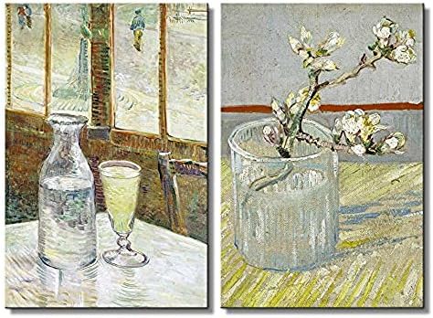 JINKA &Reg Sprig Of Flowering Almond In A Glass Cafe Table With Absinthe By Vincent Van Gogh Oil Painting In Set Of 2 Canvas Prints Wall Art, Ready To Hang 16In X 24In X 2 Panels