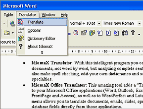 IdiomaX Office Translator: English, Spanish, Italian, French, German text translation software for Windows Microsoft Office: Word, Outlook, Excel, PowerPoint, FrontPage and Access