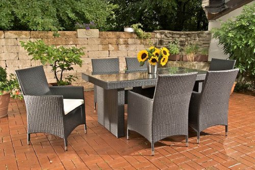 Polyrattan Glastisch AVIGNON mit 6 Stühlen schwarz