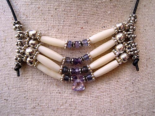 Unique Buffalo bone choker in Lilac, silver and leather - powerful protective amethyst stone and hair pipe bone choker