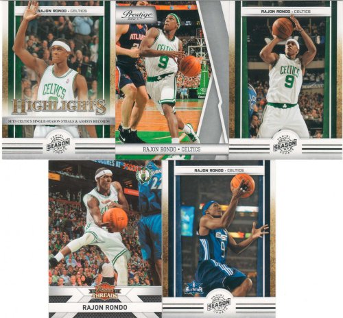 Rajon Rondo 5 Card Gift Lot Containing One Each of His 2010 2011 Panini Season Update Card #5, #21 and #185 Plus His 2010 2011 Panini Threads and Prestige Mint Condition Boston Celtics Cards. Nice Mix Picturing Him in His White Boston Celtics Jerseys and His Blue Eastern All Stars Jersey. Shipped in a 100 Card Cardboard Storage Box!