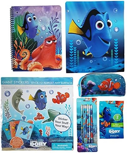 Back To School - Finding Dory Bundle of 6: One Poly Two Pocket Folder, One 70 Sheet Wide-Ruled Spiral Notebook, Pack of 6 Pencils, One Pencil Case, One Pack of 2 Erasers and One Sheet of 21 Stickers