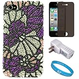 Purple Flower Rhinestone Design Protective Two Piece Crystal Hard Case Cover for Verizon Wireless New iPhone 4 (16GB, 32GB) 4th Generation and AT&T iPhone 4 + Privacy Screen Protector for Apple iPhone 4 LCD Display Screen + USB Travel Wall Charger with LED Power Indicator and Overcharge Protection + SumacLife TM Wisdom Courage Wristband