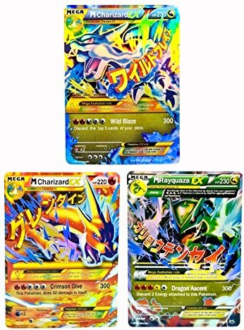 Mega Ex Cards Set of 3 Most Wanted Cards Gold Card Series Charizard Blue Dragon &amp; Red Dragon + RayquazaSet