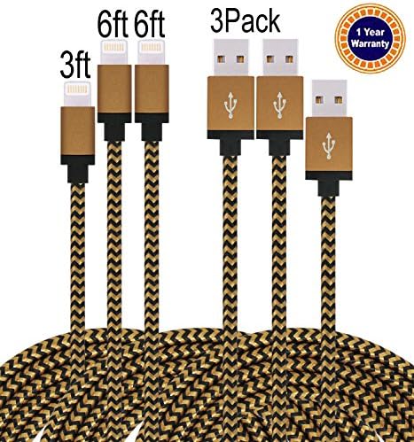 Jricoo 3pcs 3FT 6FT 6FT Lightning Cable Popular Nylon Braided Charging Cable Extra Long USB Cord for iphone 6s, SE, 6s plus, 6plus, 6,5s 5c 5,iPad Mini, Air,iPad5,iPod on iOS9.(Coffee+black)