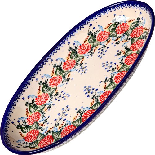 Polish Pottery Ceramika Boleslawiec 0704/280 Platter Karp Dish, Royal Blue Patterns with Red Rose Motif