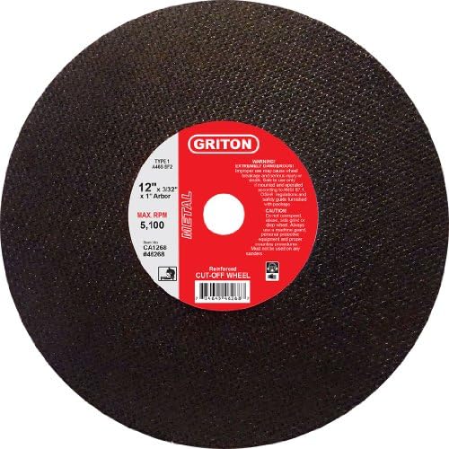 GritonGriton CA1268 Arbor Industrial Cut Off Wheel for Metal Used on Low Horse Power Chop Saws, 1.0" Hole Diameter, 12" Diameter, 3/32" Width (Pack of 10)