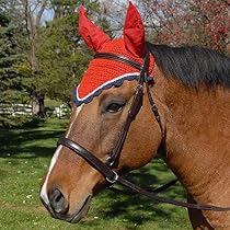 Intrepid International All Crochet Fly Veil with Ears, Red/White/Navy, Horse Size

