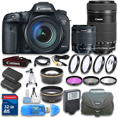 Canon EOS 7D Mark II DSLR Camera + Canon EF-S 18-55mm f/3.5-5.6 IS STM Lens + Canon EF-S 55-250mm f/4-5.6 IS STM Lens + Wideangle & Telephoto Lens + 32GB SD Card + 3 PC Filter - International Version