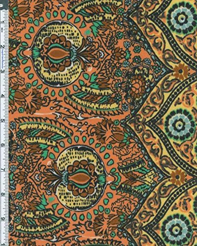 Semi-sheer Stretch Spun Poly Jersey Knit Bali Border Print Fabric By the Yard, Pumpkin /Yellow