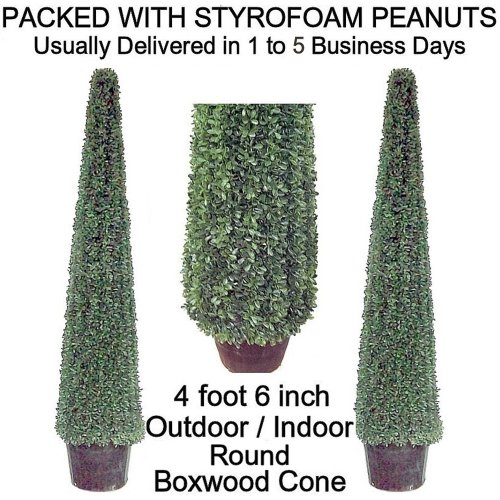 1 lot of 2 Outdoor Indoor Artificial 4 foot 6 inch Boxwood Round Cone Topiary Trees, potted in nursery pot, packed with peanuts