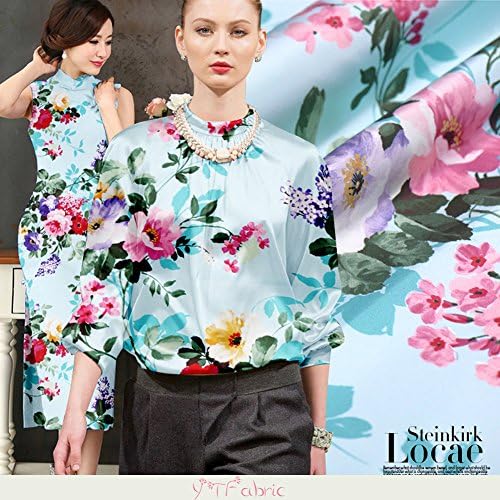 Blue Silk Stretch Satin Fabric with Hibiscus Mutabilis Print Pattern, Fashion Floral Silk Fabric By the Yard