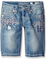 Apparel: Miss Me Little Girls Embroidered Bermuda Denim Short, Light, 10 - Miss Me Girls 7-16 Child Code
