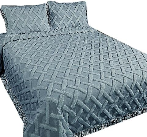 Blue Trellis Queen Size Chenille Bedspread and 2 Sham Set- Clearance Sale